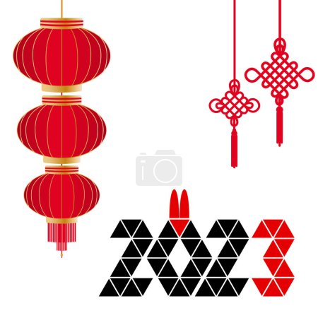 Téléchargez les illustrations : 2023 Nouvel an chinois, année du lapin, date et oreilles de lapin, lanterne chinoise, noeud chinois de bonheur et bonne chance - en licence libre de droit