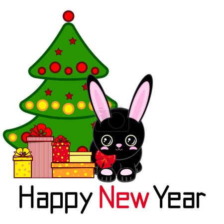 Ilustración de ¡Feliz Año Nuevo! Un lindo conejo negro cerca de un árbol de Navidad decorado con regalos. Año nuevo chino - Imagen libre de derechos