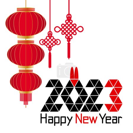 Illustration for 2023 chinese new year, year of the rabbit, date and rabbit ears, chinese lantern, chinese knot of happiness and good luck - Royalty Free Image