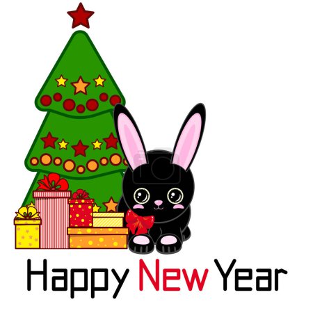 Téléchargez les illustrations : Bonne année ! Un lapin noir mignon près d'un arbre de Noël décoré avec des cadeaux. Nouvel An chinois - en licence libre de droit