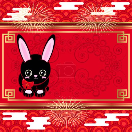 Téléchargez les illustrations : Mignon lapin noir. Fête de luxe fond d'or rouge. Nouvel An, Nouvel An chinois cadre. - en licence libre de droit