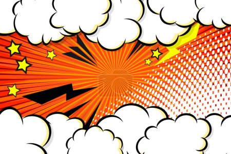 Illustration for Comic cloud frame with lightning and stars on halftone rays background. Design template vector art illustration. - Royalty Free Image