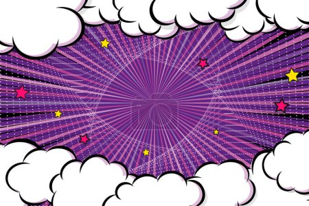 Illustration for Comic cloud frame with lightning and stars on halftone rays background. Design template vector art illustration. - Royalty Free Image