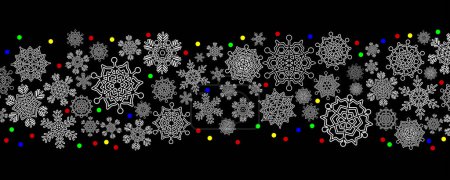Illustration for Snow blizzard of elegant snowflakes and multicolored lights of New Year's garlands. Christmas holiday banner for celebration decoration design. - Royalty Free Image