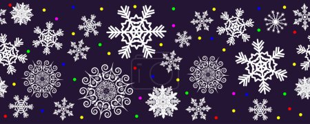 Illustration for Snow blizzard of elegant snowflakes and multicolored lights of New Year's garlands. Christmas holiday banner for celebration decoration design. - Royalty Free Image