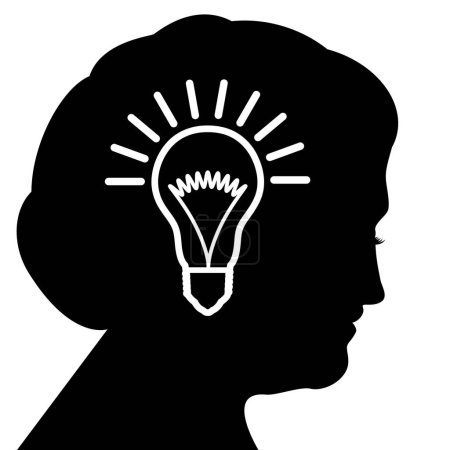 Ilustración de Bombilla en el perfil de la cabeza de una hermosa anciana. Concepto para lluvia de ideas, ideas, eureka. - Imagen libre de derechos