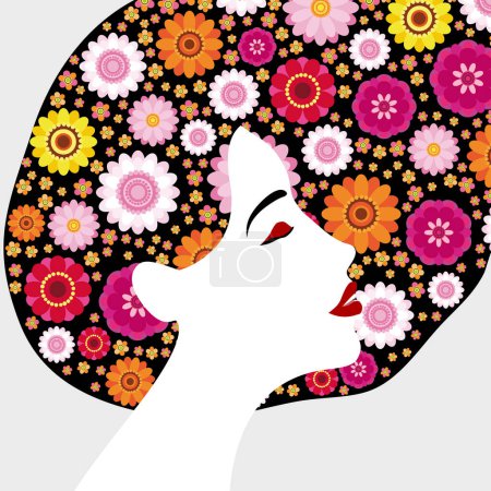 Illustration for Beautiful woman profile. Beauty face with multicolored floral hair made of colorful flowers, red lips. Vector illustration with place for your text. - Royalty Free Image