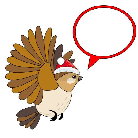 Téléchargez les illustrations : Mignon oiseau de Noël en chapeau de Noël rouge avec bulle vocale, isolé sur fond blanc, signe vectoriel. - en licence libre de droit