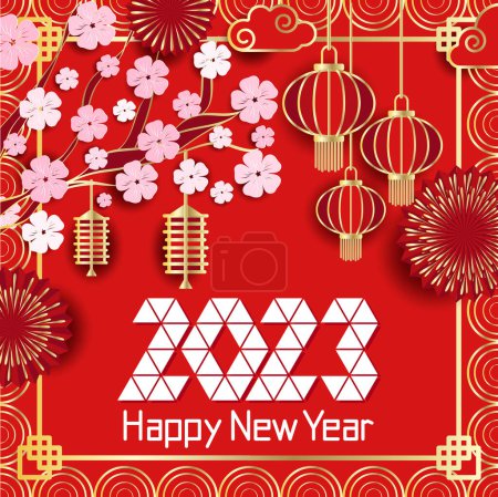 Téléchargez les illustrations : 2023 Bonne année ! Fête de luxe fond d'or rouge. Nouvel An, Nouvel An chinois. Cadre composé de lanternes chinoises, feux d'artifice, branches de fleurs d'arbres et espace pour votre texte - en licence libre de droit