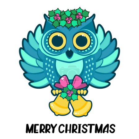 Illustration for Cute owl in a Christmas wreath holds Christmas bells in its paws. Christmas, New Year concept. Humorous cartoon vector illustration. - Royalty Free Image