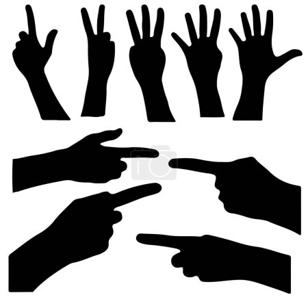 Téléchargez les illustrations : Ensemble de gestes de silhouette de main populaires. Les gestes un, deux, trois, quatre, cinq, index. Icône noire abstraite sur fond blanc. Communication des gens d'affaires. Marketing des médias sociaux. - en licence libre de droit