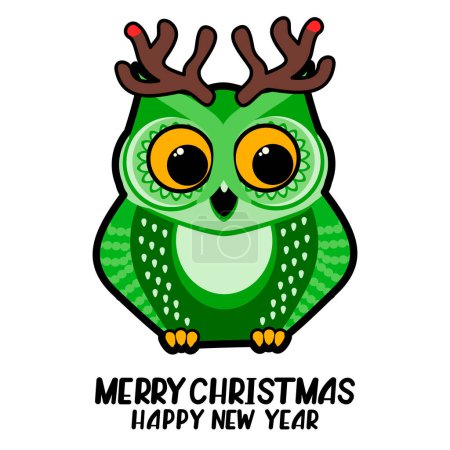 Illustration for Cute owl with deer horns. Christmas, New Year concept. Humorous cartoon vector illustration. - Royalty Free Image