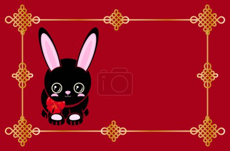 Téléchargez les illustrations : Mignon lapin noir. Bonne année ! Nouvel An chinois fond d'or rouge Le noeud chinois est un symbole de bonheur et de bonne chance.orientation horizontale - en licence libre de droit