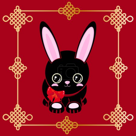 Illustration for Cute black rabbit. Happy New Year! Chinese New Year red gold background Chinese knot is a symbol of happiness and good luck. - Royalty Free Image