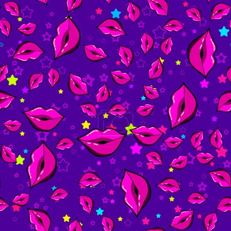 Illustration for Lips seamless pattern on white background. Paper print design. Abstract retro vector illustration. Trendy textile, fabric, wrapping. Modern space decoration. - Royalty Free Image