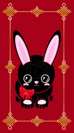 Téléchargez les illustrations : Mignon lapin noir. Bonne année ! Nouvel An chinois fond d'or rouge Le noeud chinois est un symbole de bonheur et de bonne chance. orientation verticale - en licence libre de droit
