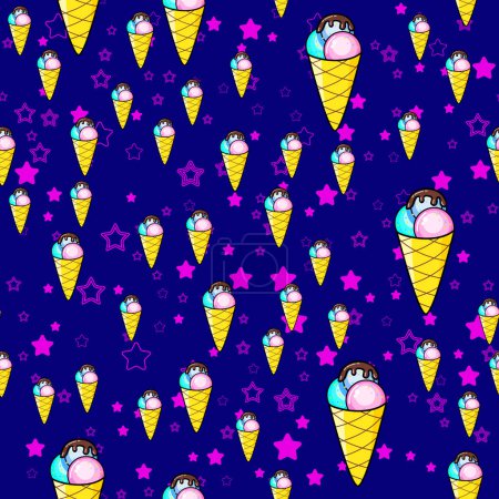 Illustration for Ice cream seamless pattern on white background. Paper print design. Abstract retro vector illustration. Trendy textile, fabric, wrapping. Modern space decoration. - Royalty Free Image