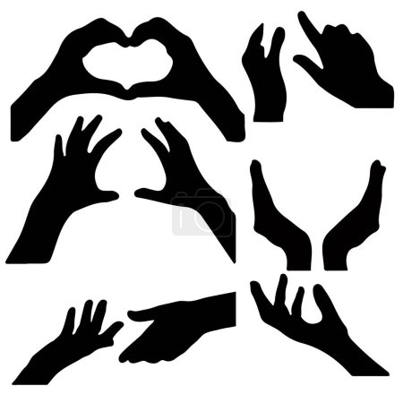 Illustration for Set of popular hand silhouette gestures. Gestures heart, love, request, help, friendship, protection, display, touch, tablet. Abstract black icon on white background. Social media marketing. - Royalty Free Image