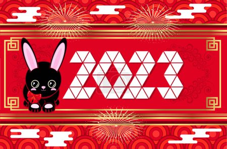 Illustration for Cute black rabbit. 2023 festive luxury red gold background. New Year, Chinese New Year frame. horizontal orientation - Royalty Free Image