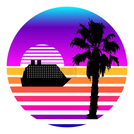 Illustration for Synthwave, vaporwave, retrowave 80s neon landscape, gradient colored sunset with palm trees, cruise liner silhouettes, isolated on white background. Retro futuristic aesthetic solar circle emblem, logo or icon design template. Vector illustration. - Royalty Free Image