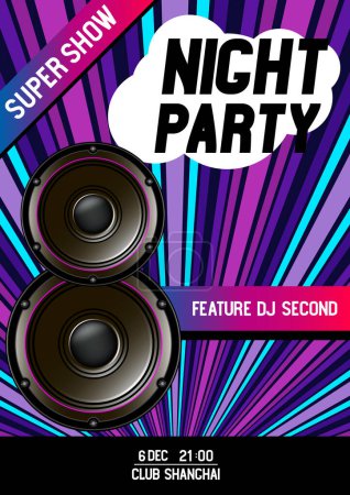 Illustration for Speakers, spotlight rays, festival poster, media banner with the words Night party, super show. Vector illustration digital design. - Royalty Free Image