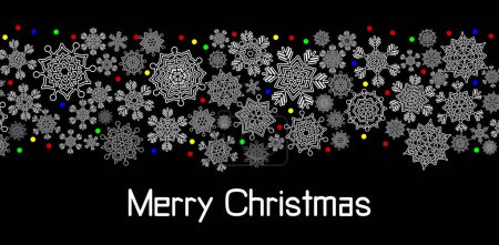 Illustration for Snow blizzard of elegant snowflakes and multicolored lights of New Year's garlands.  Merry Christmas text. Christmas holiday banner for celebration decoration design. - Royalty Free Image