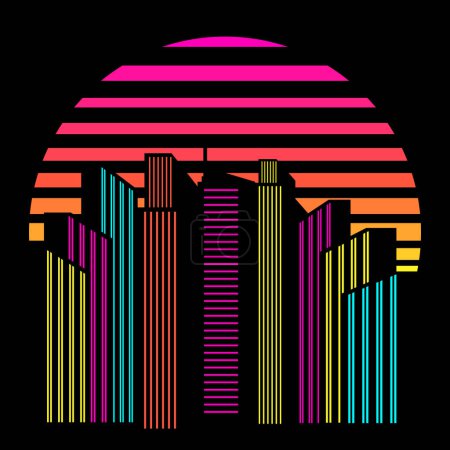 Ilustración de Synthwave, vaporwave, retrowave 80s neon landscape, gradient colored sunset with urban city, rascacielos siluetas sobre fondo negro. Plantilla de diseño de emblema, logotipo o icono de círculo solar estético futurista retro. Ilustración vectorial. - Imagen libre de derechos