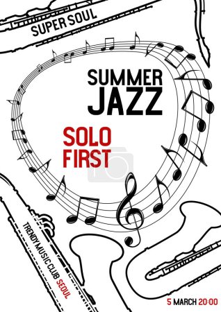 Illustration for Jazz festival poster with saxophone, melody lines, music notes, music media banner with the words summer jazz. Vector illustration digital design. - Royalty Free Image