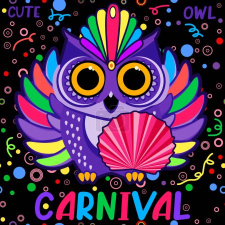 Illustration for Cute owl with rainbow wings with a fan and feathers. Carnival, party concept. Humorous cartoon vector illustration. - Royalty Free Image