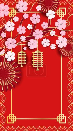 Téléchargez les illustrations : Fête de luxe fond d'or rouge. Nouvel An, Nouvel An chinois. Cadre composé de lanternes chinoises, de feux d'artifice, de branches de fleurs d'arbres et d'espace pour votre texte. Orientation verticale - en licence libre de droit