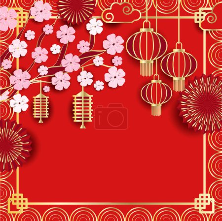 Téléchargez les illustrations : Fête de luxe fond d'or rouge. Nouvel An, Nouvel An chinois. Cadre composé de lanternes chinoises, feux d'artifice, branches de fleurs d'arbres et espace pour votre texte - en licence libre de droit