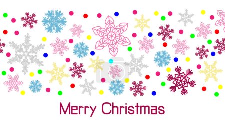 Illustration for Bright blizzard of multicolored decorative snowflakes and multicolored lights of New Year's garlands. Merry Christmas text. Holiday banner for celebration decoration design. - Royalty Free Image