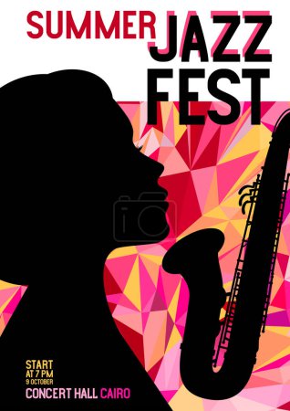 Téléchargez les illustrations : Affiche du festival de jazz avec saxophone, fond polygone triangle, bannière multimédia musicale avec les mots festival de jazz d'été. Illustration vectorielle design numérique. - en licence libre de droit