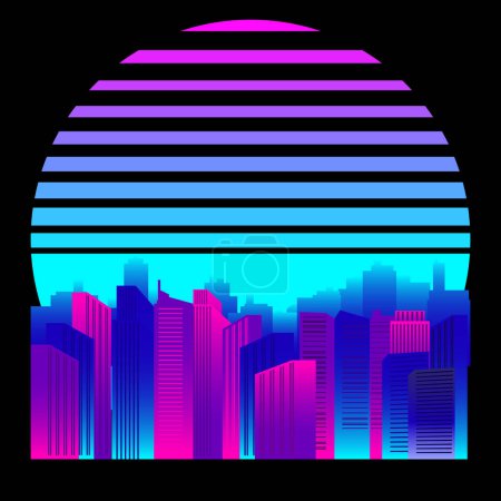 Illustration for Synthwave, vaporwave, retrowave 80s neon landscape, gradient colored sunset with urban city, skyscrapers silhouettes on black background. Retro futuristic aesthetic solar circle emblem, logo or icon design template. Vector illustration. - Royalty Free Image