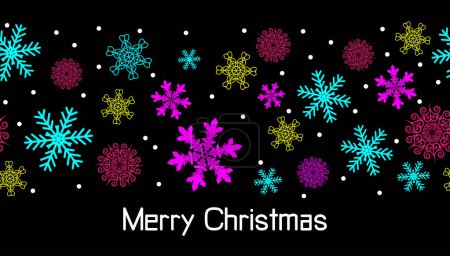 Téléchargez les illustrations : Neon blizzard de flocons de neige décoratifs multicolores. Joyeux texte de Noël. Bannière de vacances pour la décoration de célébration - en licence libre de droit