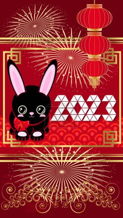 Téléchargez les illustrations : Mignon lapin noir. 2023 Bonne année ! Nouvel An chinois fond d'or rouge. orientation verticale - en licence libre de droit