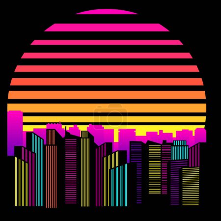 Ilustración de Synthwave, vaporwave, retrowave 80s neon landscape, gradient colored sunset with urban city, rascacielos siluetas sobre fondo negro. Plantilla de diseño de emblema, logotipo o icono de círculo solar estético futurista retro. Ilustración vectorial. - Imagen libre de derechos