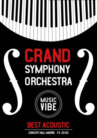 Illustration for Violin efes, piano keyboard, festival poster, media banner with the words Grand symphony orchestra, best acoustics, musical vibe. Vector illustration digital design. - Royalty Free Image