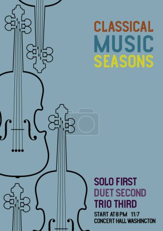 Violin silhouette contours, vintage pattern, festival poster, media banner with the words Classical music seasons. Vector illustration digital design.