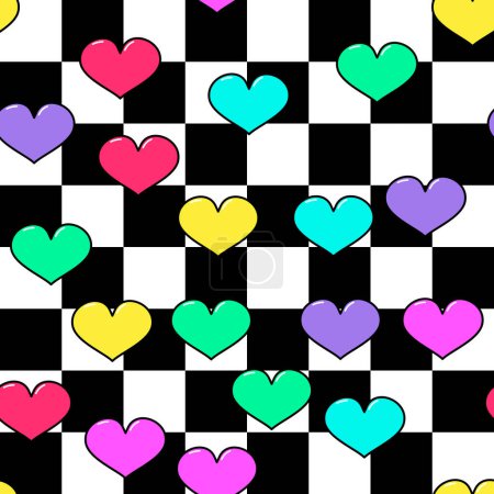 Illustration for Colorful heart seamless pattern on white background. Paper print design. Abstract retro vector illustration. Trendy textile, fabric, wrapping. Modern space decoration. - Royalty Free Image