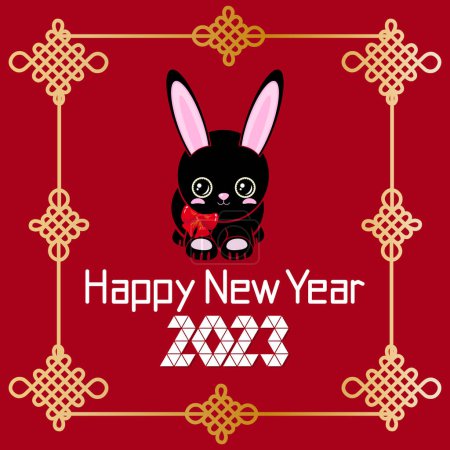 Illustration for Cute black rabbit. Happy New Year! Chinese New Year red gold background Chinese knot is a symbol of happiness and good luck. - Royalty Free Image