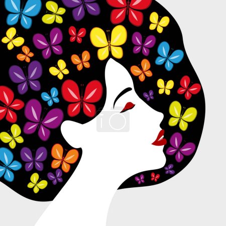 Illustration for Beautiful woman profile. Beauty face with multicolored butterflies hair, red lips. Vector illustration with place for your text. - Royalty Free Image