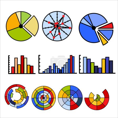 Ilustración de Data analysis statistics infographic chart Icon set in flat design, business chat, flat line-art, vector Illustration - Imagen libre de derechos