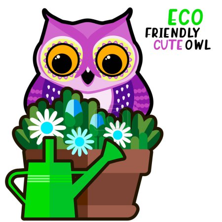 Illustration for Cute owl gardener and flower bed with flowers and watering can. Eco garden concept. Humorous cartoon vector illustration. - Royalty Free Image