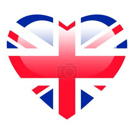 Téléchargez les illustrations : Amour drapeau de Grande-Bretagne, Royaume-Uni bouton brillant coeur de Grande-Bretagne, Royaume-Uni ou Royaume-Uni icône du drapeau symbole de l'amour. Symbole national patriotique d'Angleterre. - en licence libre de droit