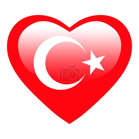 Téléchargez les illustrations : Amour drapeau Turquie, Turquie coeur bouton brillant, Turcs drapeau icône symbole de l'amour. Symbole national patriotique des Turcs. - en licence libre de droit