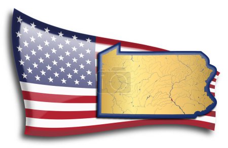 Téléchargez les illustrations : Carte dorée de Pennsylvanie contre un drapeau américain. - en licence libre de droit