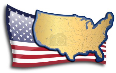Ilustración de Mapa dorado de los Estados Unidos contra una bandera americana. - Imagen libre de derechos