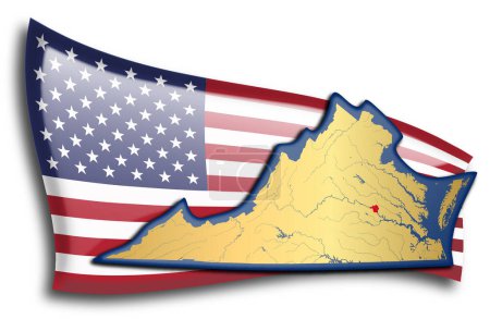 Téléchargez les illustrations : Carte dorée de la Virginie contre un drapeau américain. - en licence libre de droit