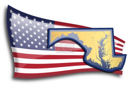 Téléchargez les illustrations : Carte dorée du Maryland contre un drapeau américain. - en licence libre de droit